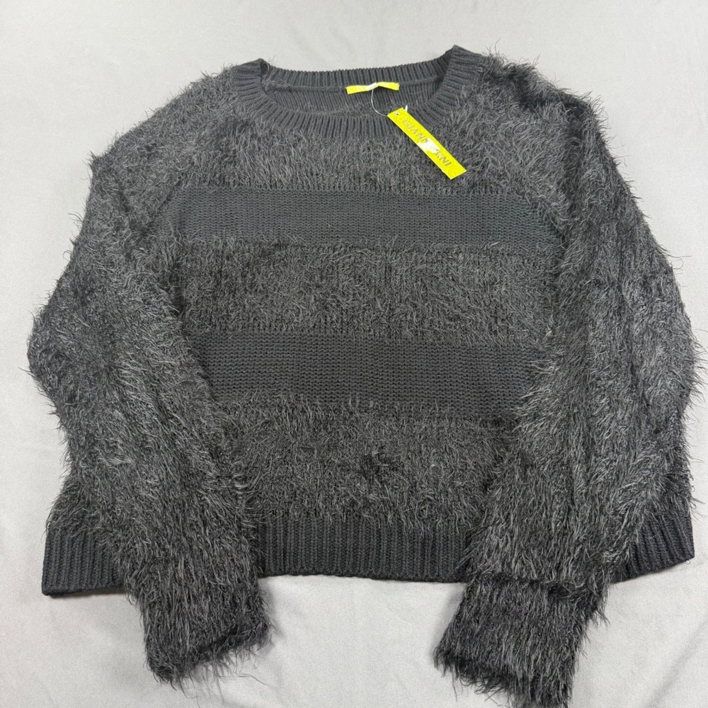 Gianni Bini Maxwell Sweater Black Eyelash Knit Fuzzy Striped Pullover Large